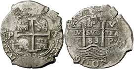 1683. Carlos II. Potosí. V. 8 reales. (Cal. 365) (Paoletti 317). 26,67 g. Triple fecha, una parcial. MBC.