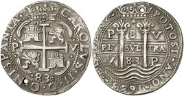 1683. Carlos II. Potosí. V. 8 reales. (Cal. 319) (Lázaro 211, mismo ejemplar). 27,08 g. Redonda. Tipo "real". Triple fecha. Perforación. Bella. Muy ra...