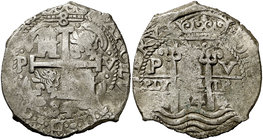 1684. Carlos II. Potosí. V. 8 reales. (Cal. 366) (Paoletti 318). 27,29 g. Doble fecha. MBC-.