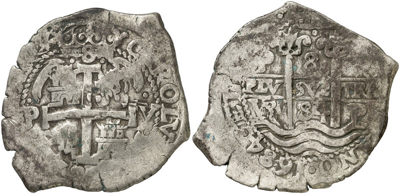 1684. Carlos II. Potosí. V y VR. 8 reales. (Cal. 366-367 var). 27,03 g. Ensayado...
