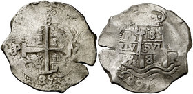 1685. Carlos II. Potosí. VR. 8 reales. (Cal. 368) (Paoletti 322). 27,33 g. Triple fecha. MBC-.
