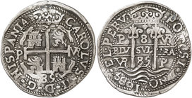 1685. Carlos II. Potosí. VR. 8 reales. (Cal. 323) (Lázaro 215, mismo ejemplar). 26,14 g. Redonda. Tipo "real". Triple fecha. Bella. Muy rara y más sin...