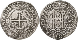 1686. Carlos II. Potosí. VR. 8 reales. (Cal. 324) (Lázaro 217). 26,53 g. Redonda. Tipo "real". Triple fecha. Perforación. Muy rara. MBC+.