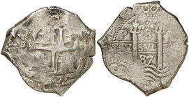 1687. Carlos II. Potosí. VR. 8 reales. (Cal. 372) (Paoletti 324). 27,31 g. Doble fecha. BC+.