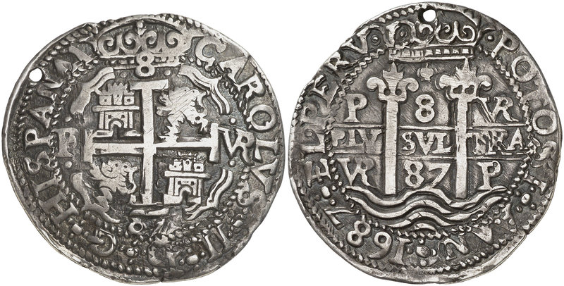1687. Carlos II. Potosí. VR. 8 reales. (Cal. 325) (Lázaro 221). 26,53 g. Redonda...
