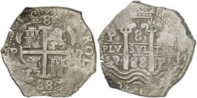 1688. Carlos II. Potosí. VR. 8 reales. (Cal. 373) (Paoletti 325). 26,72 g. Triple fecha, una parcial. Buen ejemplar. MBC+.