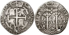 1688. Carlos II. Potosí. VR. 8 reales. (Cal. 326) (Lázaro 223). 26,21 g. Redonda. Tipo "real". Doble fecha. Perforación. Muy rara. MBC+.