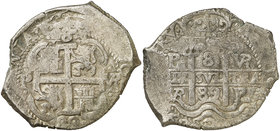 1689. Carlos II. Potosí. VR. 8 reales. (Cal. 374) (Paoletti 326). 26,50 g. Doble fecha. MBC.