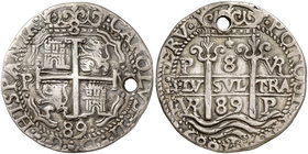 1689. Carlos II. Potosí. VR. 8 reales. (Cal. 327) (Lázaro 224). 26,15 g. Redonda. Tipo "real". Triple fecha. Perforación. Bella. Muy rara. EBC.