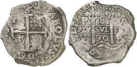1690. Carlos II. Potosí. VR. 8 reales. (Cal. 376) (Paoletti 327). 27,32 g. Triple fecha, una parcial. MBC.