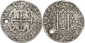 1690. Carlos II. Potosí. VR. 8 reales. (Cal. 328) (Lázaro 228). 26,23 g. Redonda. Tipo "real". Triple fecha. Perforación. Muy rara. MBC+.