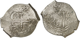 1691. Carlos II. Potosí. VR. 8 reales. (Cal. 377) (Paoletti 328). 26,88 g. Triple fecha, una parcial. MBC.