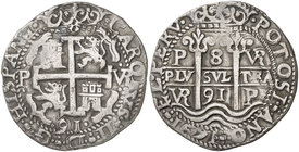 1691. Carlos II. Potosí. VR. 8 reales. (Cal. 329) (Lázaro 229). 27,09 g. Redonda. Tipo "real". Triple fecha. Agujero tapado. Muy rara. MBC+.