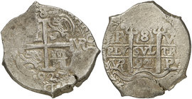 1692. Carlos II. Potosí. VR. 8 reales. (Cal. 378) (Paoletti 329). 27,09 g. Triple fecha, una parcial. MBC.
