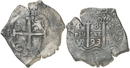 1693. Carlos II. Potosí. VR. 8 reales. (Cal. 379) (Paoletti 330). 27,11 g. Doble fecha. MBC.