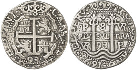 1693. Carlos II. Potosí. VR. 8 reales. (Cal. 331) (Lázaro 231). 26,60 g. Redonda. Tipo "real". Triple fecha. Pequeño agujero hábilmente tapado. Muy ra...