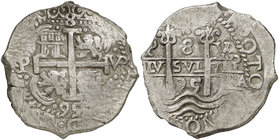 1695. Carlos II. Potosí. VR. 8 reales. (Cal. 381) (Paoletti 332). 27,13 g. Doble fecha. Buen ejemplar. MBC+.