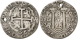 1696. Carlos II. Potosí. VR. 8 reales. (Cal. 334) (Lázaro 235). 26,65 g. Redonda. Tipo "real". Triple fecha. Perforación. Muy rara. MBC+.