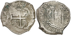 1698. Carlos II. Potosí. F (Tomás Fernández de Ocaña). 8 reales. (Cal. 387) (Paoletti 338). 27,12 g. Triple fecha, la del margen completa. Ex UBS 15/0...