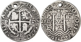 1698. Carlos II. Potosí. F. 8 reales. (Cal. 336) (Lázaro 237). 26,94 g. Redonda. Tipo "real". Triple fecha. Perforación. Muy rara. MBC.