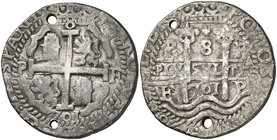 1701. Carlos II. Potosí. F. 8 reales. (Cal. 339) (Lázaro 239). 26,42 g. Redonda. Tipo "real". Triple fecha, las dos centrales de tres dígitos. Dos per...
