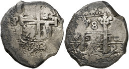 1702. Felipe V. Potosí. Y. 8 reales. (Cal. 862) (Paoletti 343). 25,39 g. Doble fecha. MBC-.