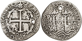 1702. Felipe V. Potosí. Y. 8 reales. (Cal. 803) (Lázaro 241). 26,07 g. Redonda. Tipo "real". Triple fecha. Perforación. Muy rara. MBC+.