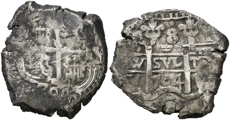 1704. Felipe V. Potosí. Y. 8 reales. (Cal. 864) (Paoletti 345). 26,54 g. Doble f...