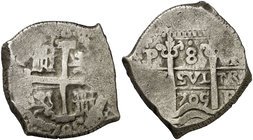 1705. Felipe V. Potosí. Y. 8 reales. (Cal. 865) (Paoletti 346). 25,70 g. Doble fecha. MBC-/MBC.
