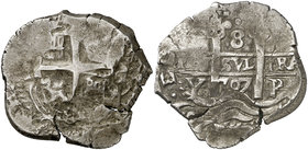 1707. Felipe V. Potosí. Y. 8 reales. (Cal. 867) (Paoletti 348). 26,49 g. Doble fecha, la de la orla completa. BC+/MBC.