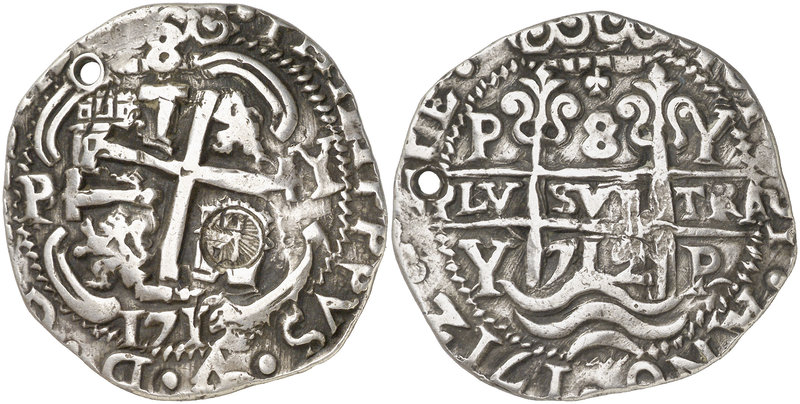 1712. Felipe V. Potosí. Y. 8 reales. (Cal. 813 var) (Lázaro 254-256 var). 26,13 ...