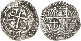 1712. Felipe V. Potosí. Y. 8 reales. (Cal. 813 var) (Lázaro 254-256 var). 26,13 g. Redonda. Tipo "real". Triple fecha. Fecha de cuatro dígitos en anve...