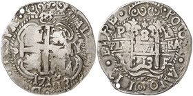 1713. Felipe V. Potosí. Y. 8 reales. (Cal. 814) (Lázaro 257, mismos cuños). 25,74 g. Redonda. Tipo "real". Triple fecha, la de la orla 113 por error e...