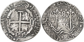 1715. Felipe V. Potosí. Y. 8 reales. (Cal. 816) (Lázaro 259). 27,76 g. Redonda. Tipo "real". Triple fecha, de cuatro dígitos en anverso. Leyendas sepa...