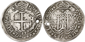 1719. Felipe V. Potosí. Y. 8 reales. (Cal. 820) (Lázaro 264). 27,06 g. Redonda. Tipo "real". Triple fecha. Leyendas separadas por florones. En reverso...