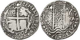 1720. Felipe V. Potosí. Y. 8 reales. (Cal. 821) (Lázaro 265). 26,93 g. Redonda. Tipo "real". Triple fecha. Leyendas separadas por florones. Perforació...