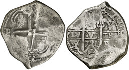 1721. Felipe V. Potosí. Y. 8 reales. (Cal. 881) (Paoletti 362). 22,77 g. Doble fecha, una parcial. MBC-.