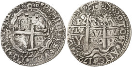 1722. Felipe V. Potosí. Y. 8 reales. (Cal. 823) (Lázaro 271). 27,24 g. Redonda. Tipo "real". Triple fecha. Leyendas separadas por florones. Bella. Muy...