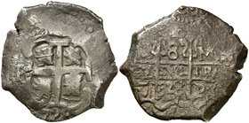1728. Felipe V. Potosí. M (José Matienzo). 8 reales. (Cal. 885) (Paoletti 370). 26,46 g. Doble fecha. MBC-.