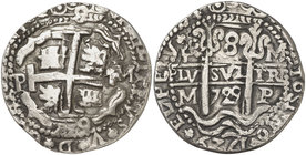 1729. Felipe V. Potosí. M. 8 reales. (Cal. 827) (Lázaro 276). 27,58 g. Redonda. Tipo "real". Triple fecha. Leyendas separadas por florones. Leyenda de...
