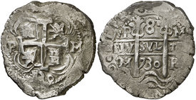 1730. Felipe V. Potosí. M. 8 reales. (Cal. 887) (Paoletti 372). 26,53 g. Ensayador del anverso rectificado sobre la P de la ceca, a derecha de la cruz...