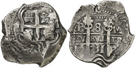 1731. Felipe V. Potosí. M. 8 reales. (Cal. 888) (Paoletti 373). 26,59 g. Doble fecha, una parcial. MBC-.