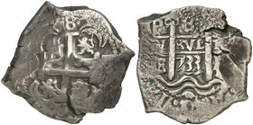 1733. Felipe V. Potosí. E (Esteban Gutiérrez de Escalante). 8 reales. (Cal. 892) (Paoletti 379 bis). 26,95 g. Doble fecha, una parcial. MBC.