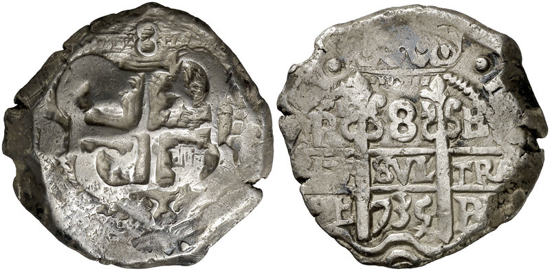 1735. Felipe V. Potosí. E. 8 reales. (Cal. 895) (Paoletti 381). 26,65 g. Doble f...