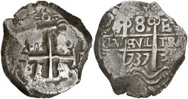 1737. Felipe V. Potosí. E. 8 reales. (Cal. 897) (Paoletti 383). 26,80 g. MBC.