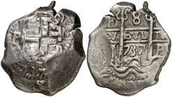 1737. Felipe V. Potosí. M (Pedro Gerónimo Manrique de Guzmán). 8 reales. (Cal. 898) (Paoletti 384). 26,56 g. Doble fecha. MBC.