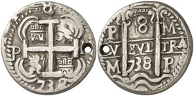 1738. Felipe V. Potosí. M. 8 reales. (Cal. 836) (Lázaro 289A, mismo ejemplar). 26,49 g. Redona. Tipo "real". Doble fecha. Módulo pequeño y flan grueso...