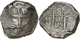 1739. Felipe V. Potosí. M. 8 reales. (Cal. 900) (Paoletti 386). 26,83 g. Doble fecha, una parcial. MBC-/MBC.