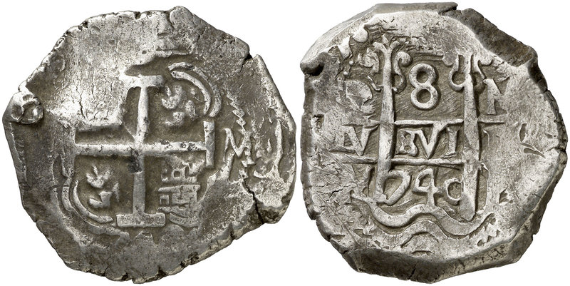 1740. Felipe V. Potosí. M. 8 reales. (Cal. 901) (Paoletti 387). 26,98 g. Doble f...