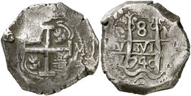 1740. Felipe V. Potosí. M. 8 reales. (Cal. 901) (Paoletti 387). 26,98 g. Doble fecha, una parcial. MBC.